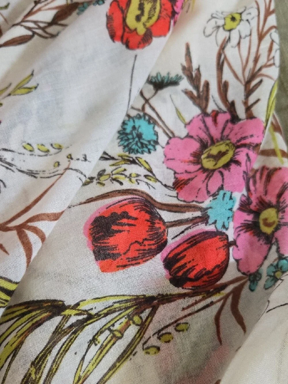 Floral Voile Scarf in Cream with Pink & Red Blooms